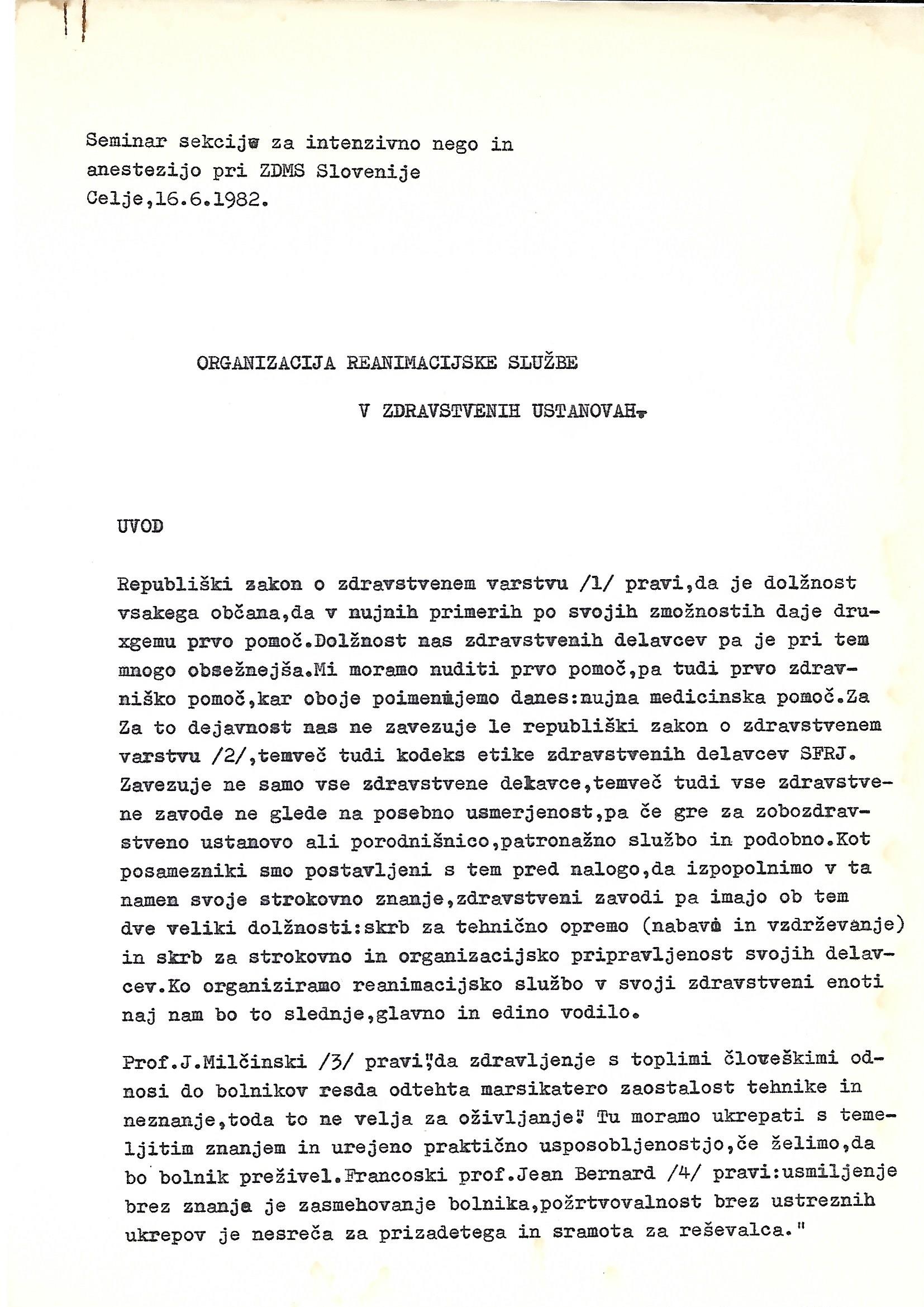 Organizacija reanimacijske službe v zdravstvenih ustanovah, 1982
