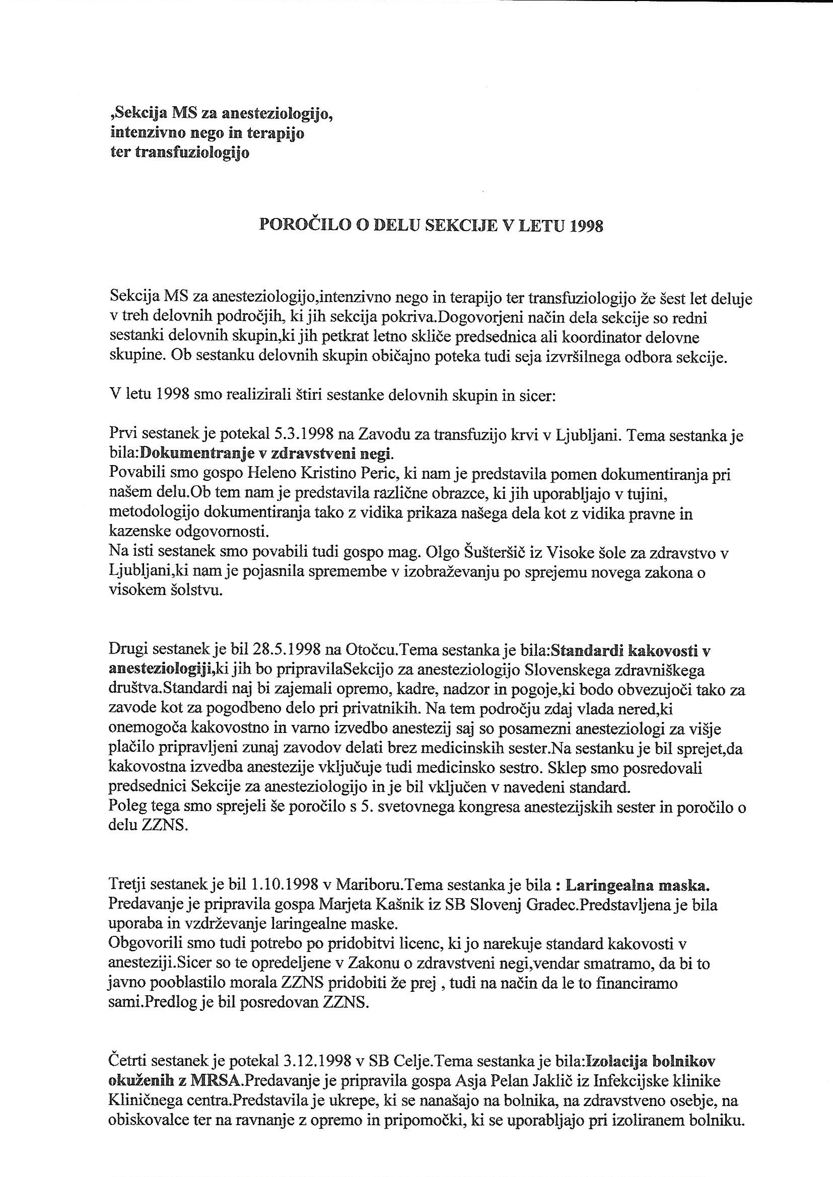Poročilo o delu sekcije v letu 1998