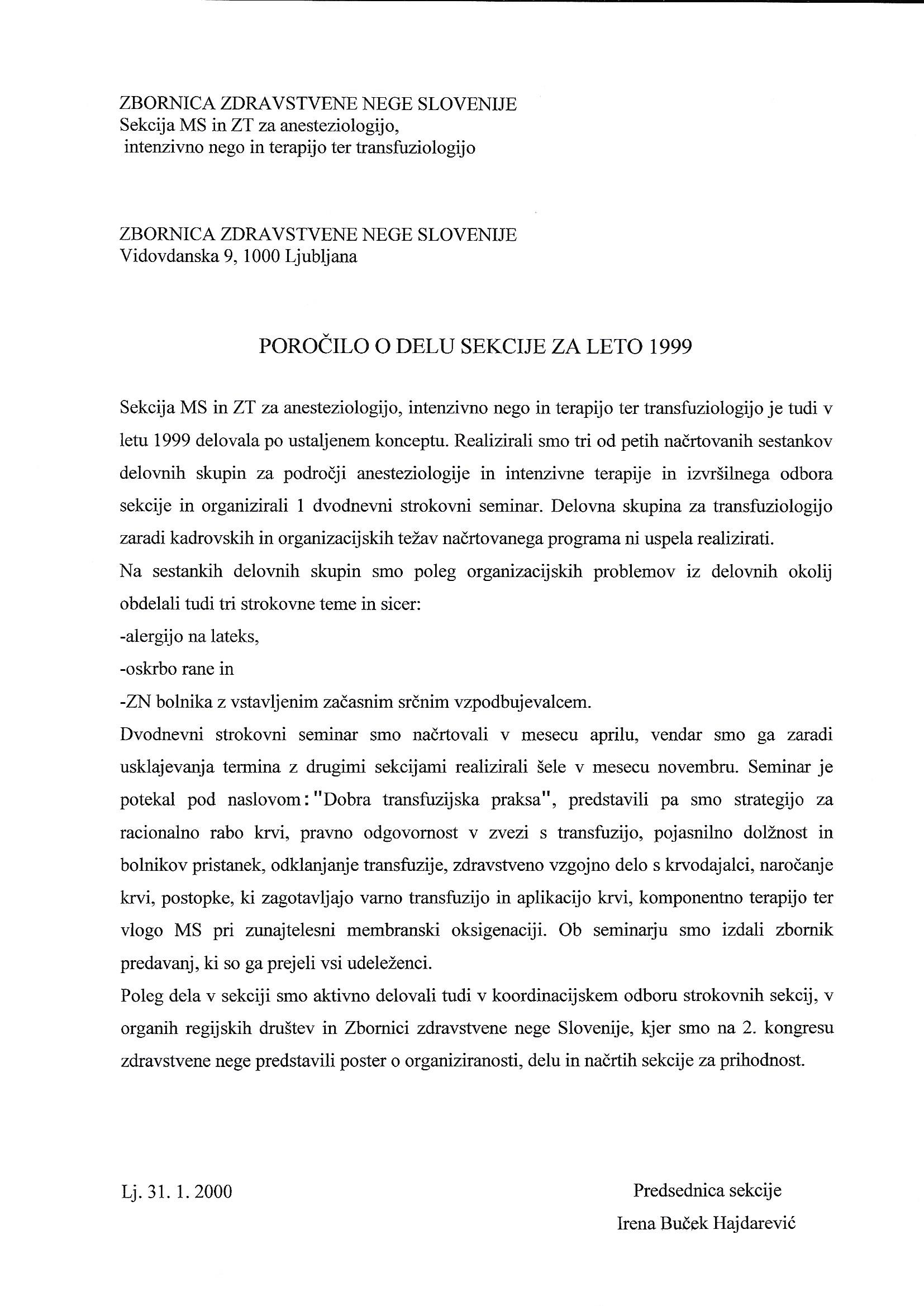 Poročilo o delu sekcije za leto 1999