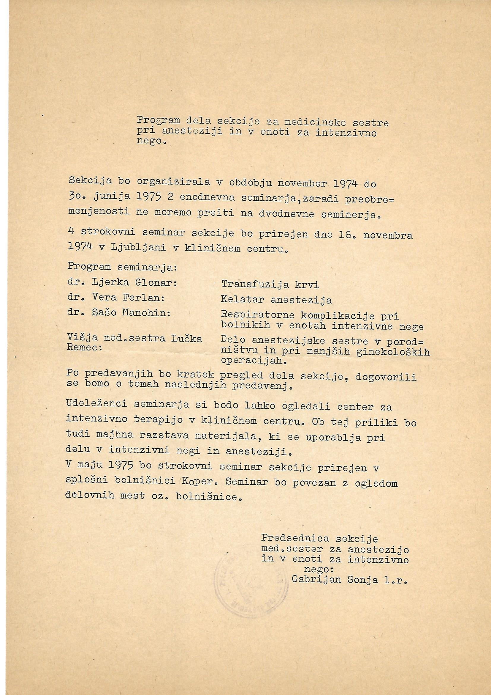 Program dela sekcije za medicinske sestre pri anesteziji in v enoti za intenzivno nego, 1974